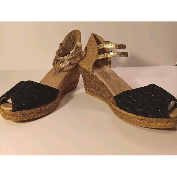 Gaimo Handmade Black/Tan/Metallic Espadrilles w/Ankle Straps Size 41 (US 10.5) - Picture 3 of 8